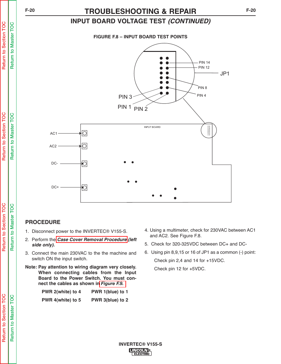 Troubleshooting & repair, Input board voltage test (continued) | Lincoln Electric V155-S User Manual | Page 52 / 78