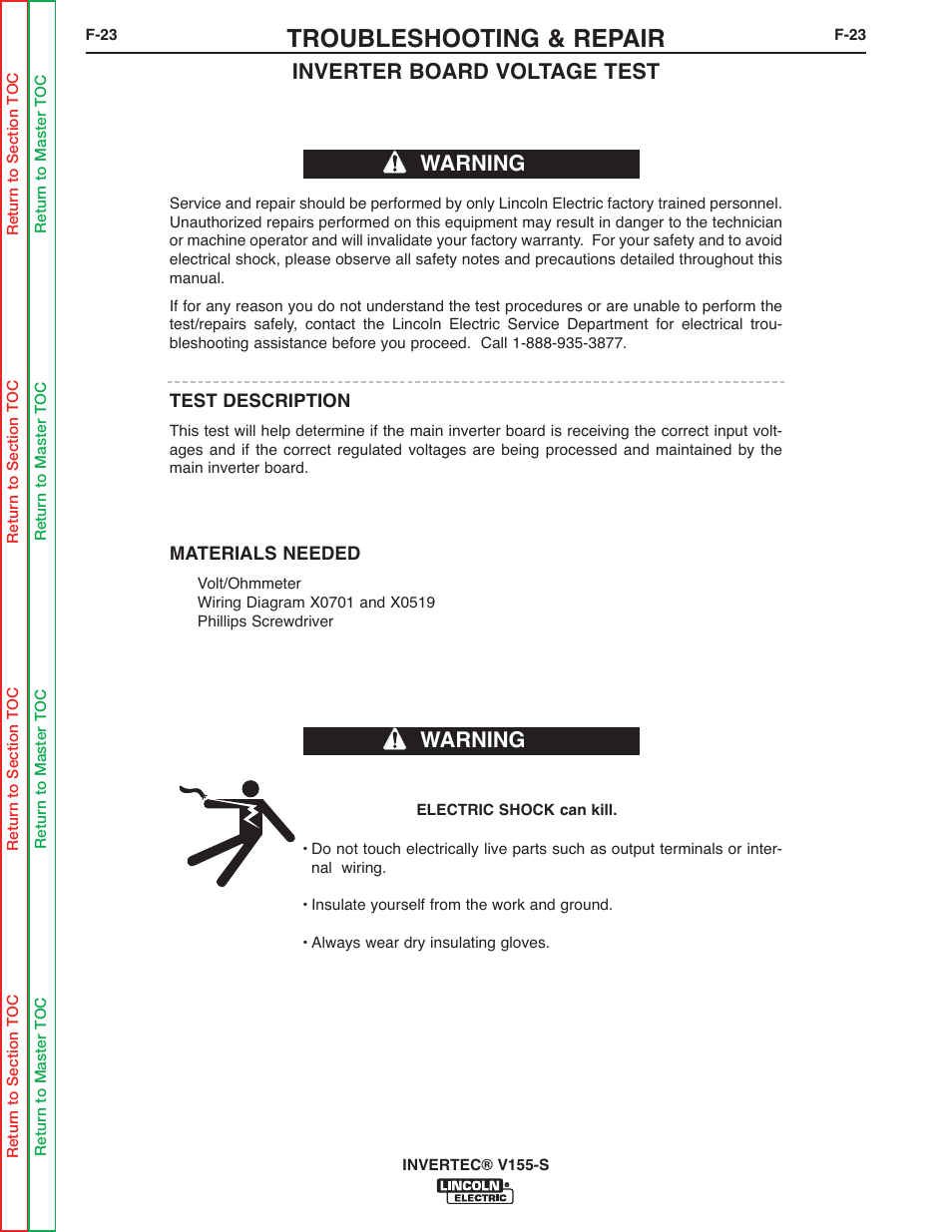 M inverter board, Voltage test, Inverter board | Troubleshooting & repair, Inverter board voltage test, Warning | Lincoln Electric V155-S User Manual | Page 55 / 78