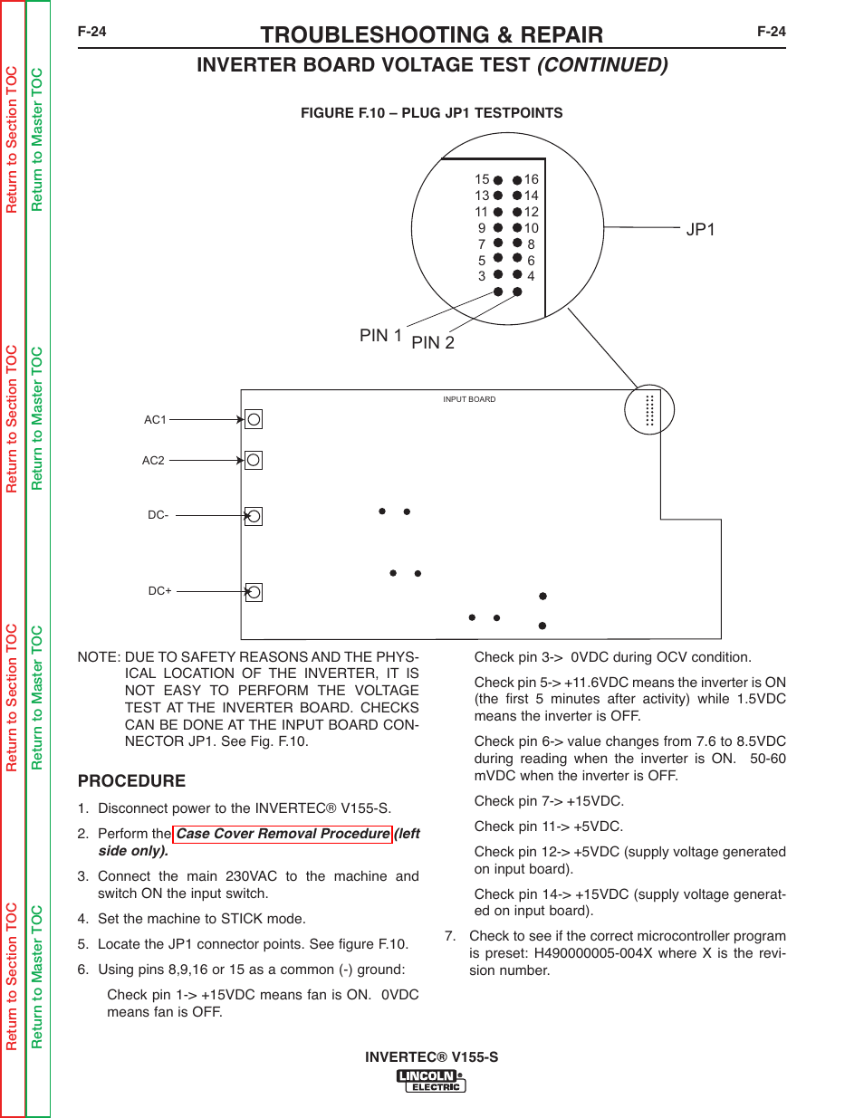 Troubleshooting & repair, Inverter board voltage test (continued), Jp1 pin 2 pin 1 | Lincoln Electric V155-S User Manual | Page 56 / 78