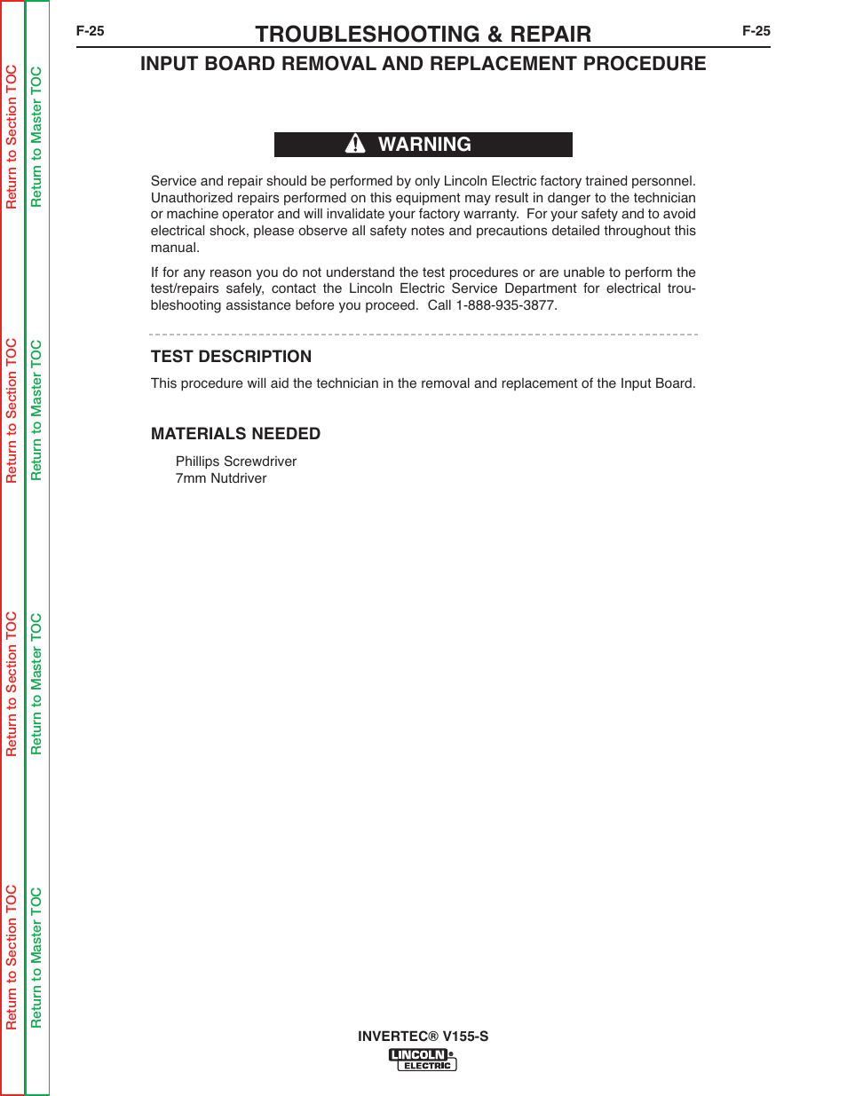 Troubleshooting & repair, Input board removal and replacement procedure, Warning | Lincoln Electric V155-S User Manual | Page 57 / 78