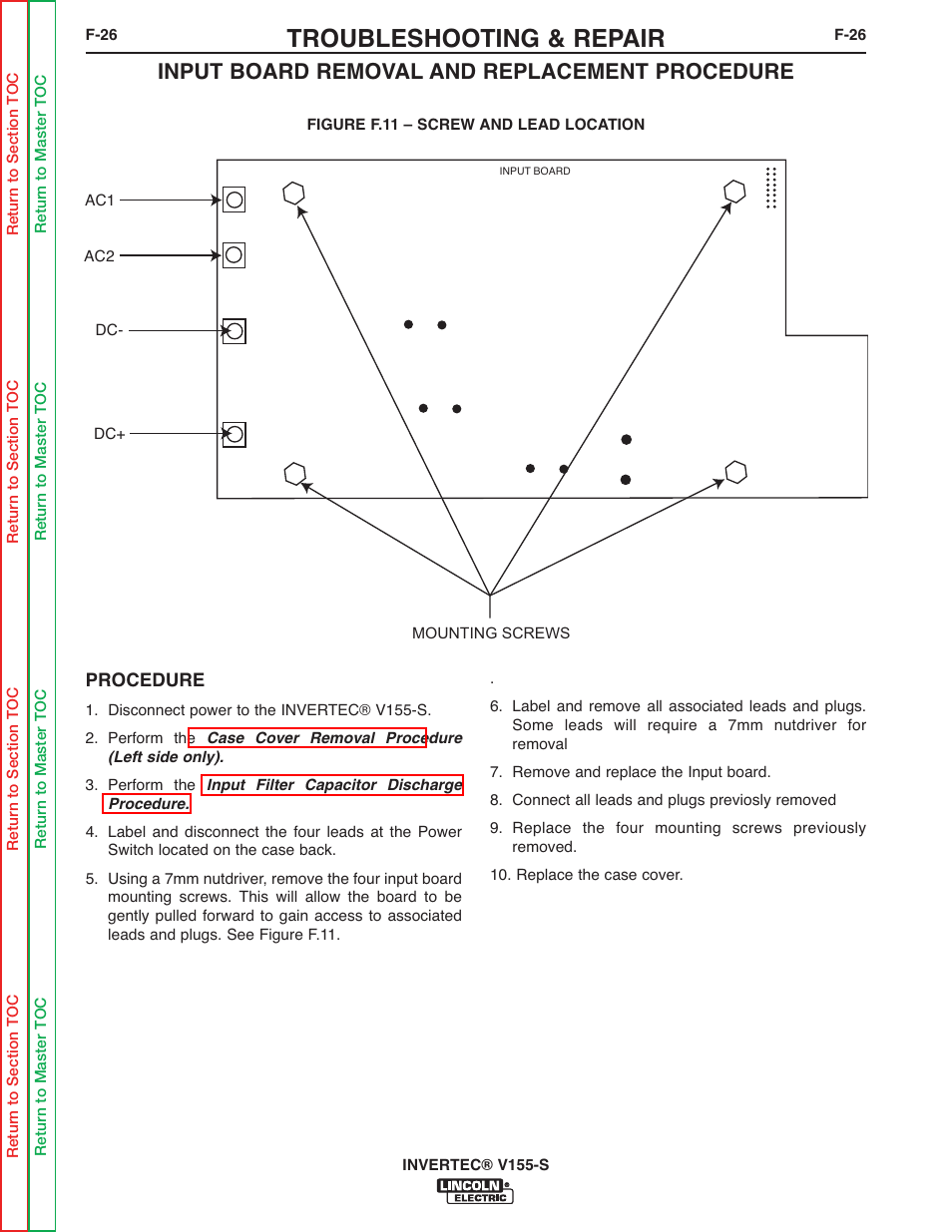 Troubleshooting & repair, Input board removal and replacement procedure | Lincoln Electric V155-S User Manual | Page 58 / 78