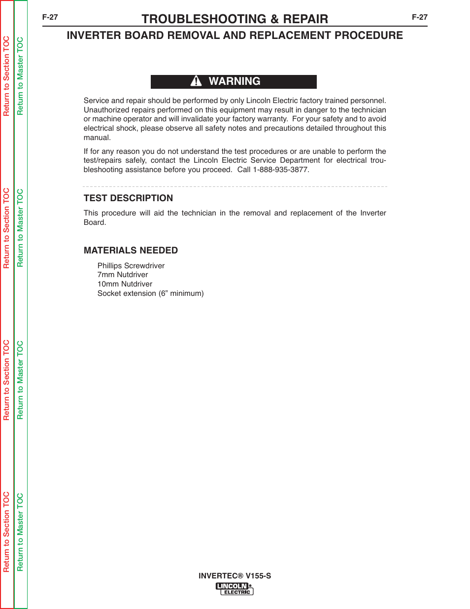 Troubleshooting & repair, Inverter board removal and replacement procedure, Warning | Lincoln Electric V155-S User Manual | Page 59 / 78