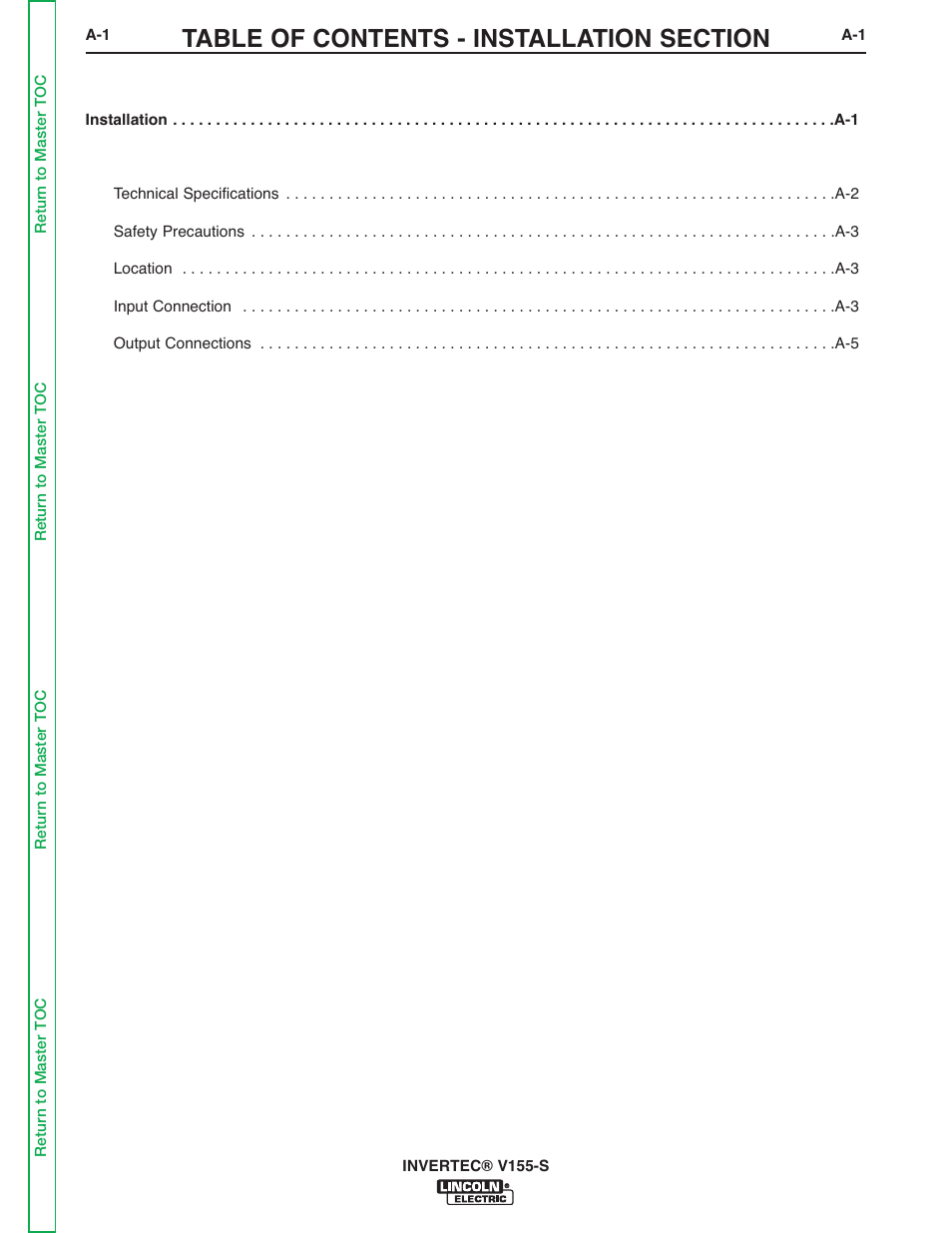 Section a - installation | Lincoln Electric V155-S User Manual | Page 9 / 78