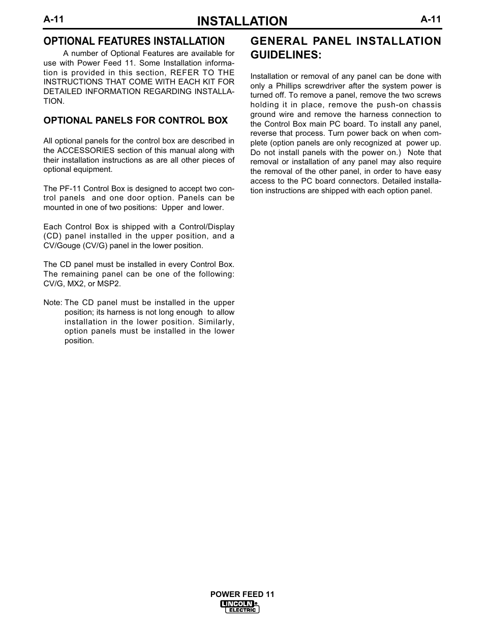 Installation, Optional features installation, General panel installation guidelines | Lincoln Electric IM613-B User Manual | Page 19 / 54