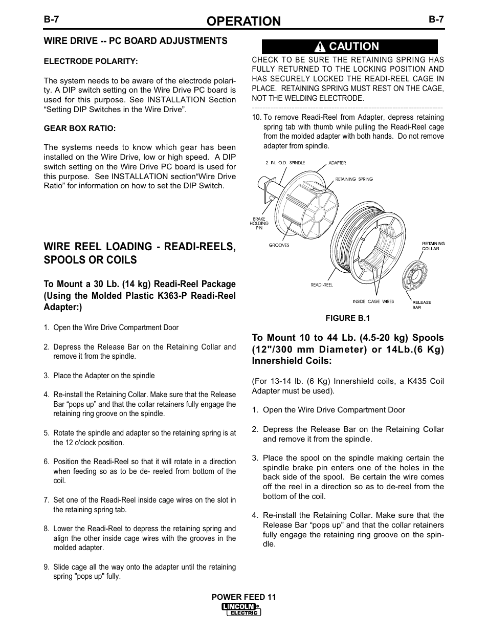 Operation, Wire reel loading - readi-reels, spools or coils, Caution | Lincoln Electric IM613-B User Manual | Page 26 / 54