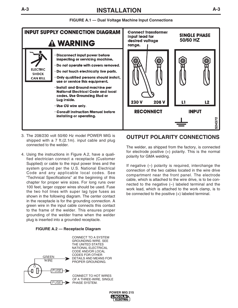 Installation, Output polarity connections | Lincoln Electric pmn User Manual | Page 11 / 35