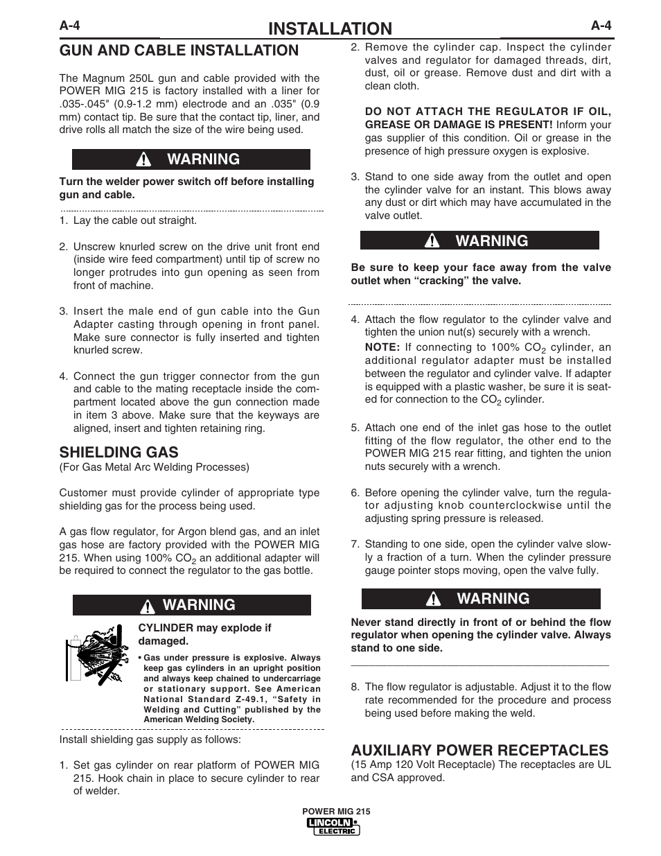 Installation, Gun and cable installation, Shielding gas | Warning, Auxiliary power receptacles | Lincoln Electric pmn User Manual | Page 12 / 35