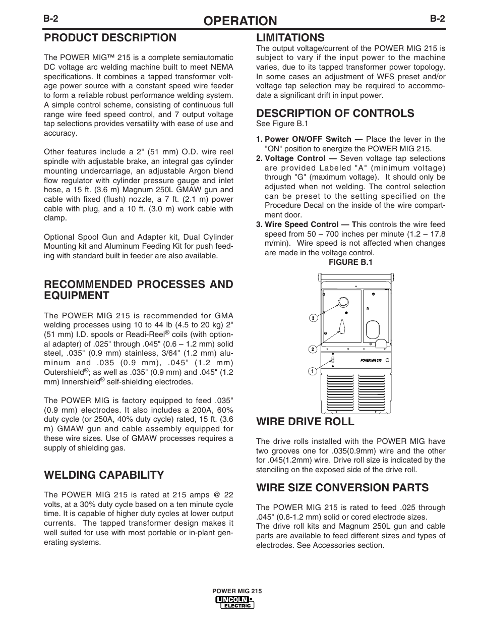 Operation, Product description, Recommended processes and equipment | Welding capability, Limitations, Description of controls, Wire drive roll, Wire size conversion parts | Lincoln Electric pmn User Manual | Page 14 / 35