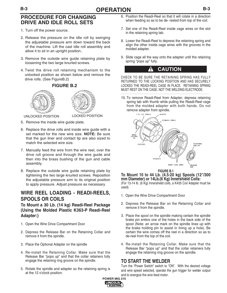 Operation, Procedure for changing drive and idle roll sets, Wire reel loading - readi-reels, spools or coils | Caution | Lincoln Electric pmn User Manual | Page 15 / 35