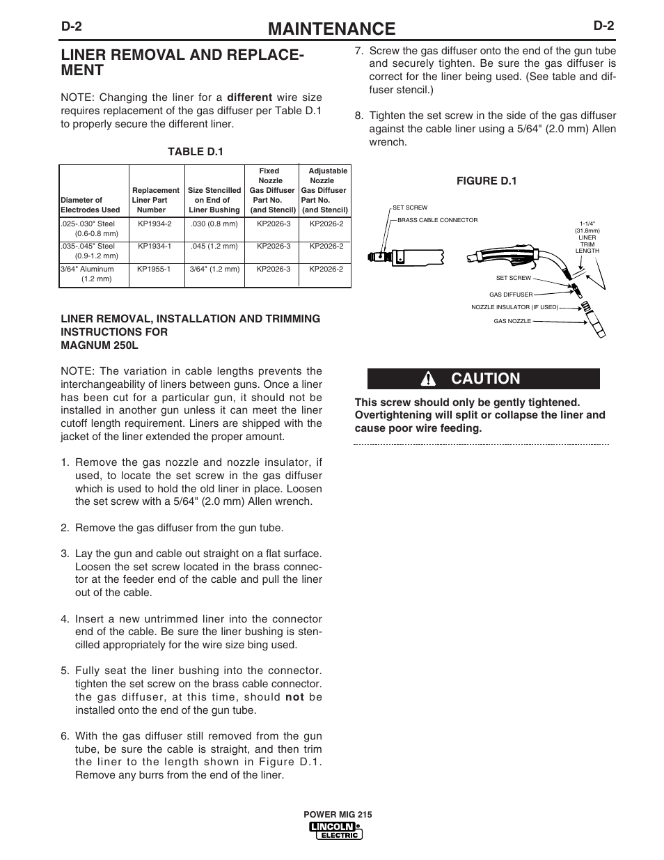 Maintenance, Liner removal and replace- ment, Caution | Lincoln Electric pmn User Manual | Page 22 / 35