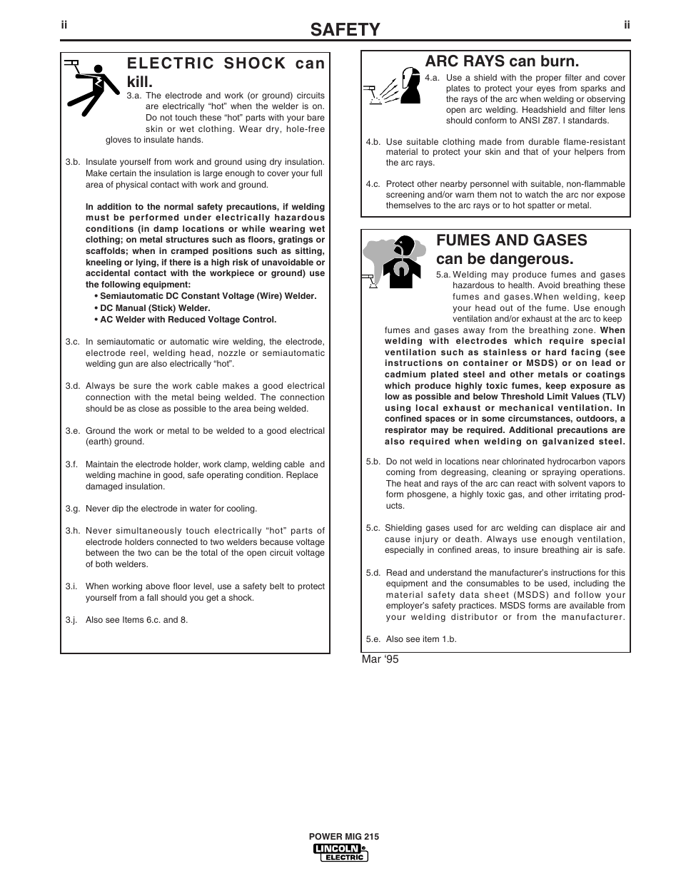 Safety, Arc rays can burn, Electric shock can kill | Fumes and gases can be dangerous | Lincoln Electric pmn User Manual | Page 3 / 35