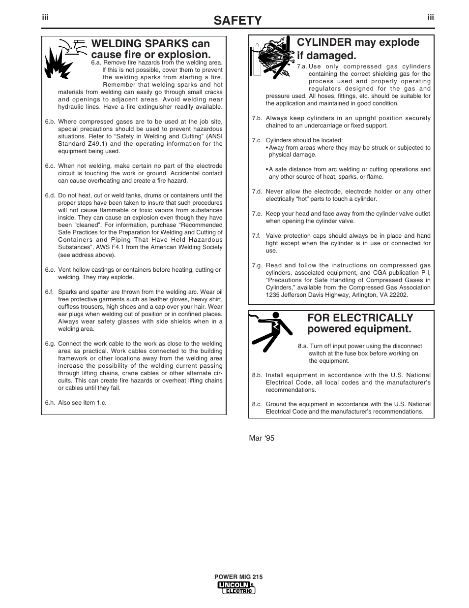 Safety, For electrically powered equipment, Cylinder may explode if damaged | Welding sparks can cause fire or explosion | Lincoln Electric pmn User Manual | Page 4 / 35