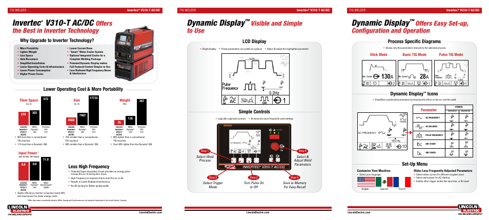Invertec, V310-t ac/dc, Dynamic display | Offers the best in inverter technology, Visible and simple to use, Offers easy set-up, configuration and operation, Less high frequency, Why upgrade to inverter technology, Lcd display simple controls, Process specific diagrams dynamic display | Lincoln Electric Invertec V305-T AC User Manual | Page 2 / 2