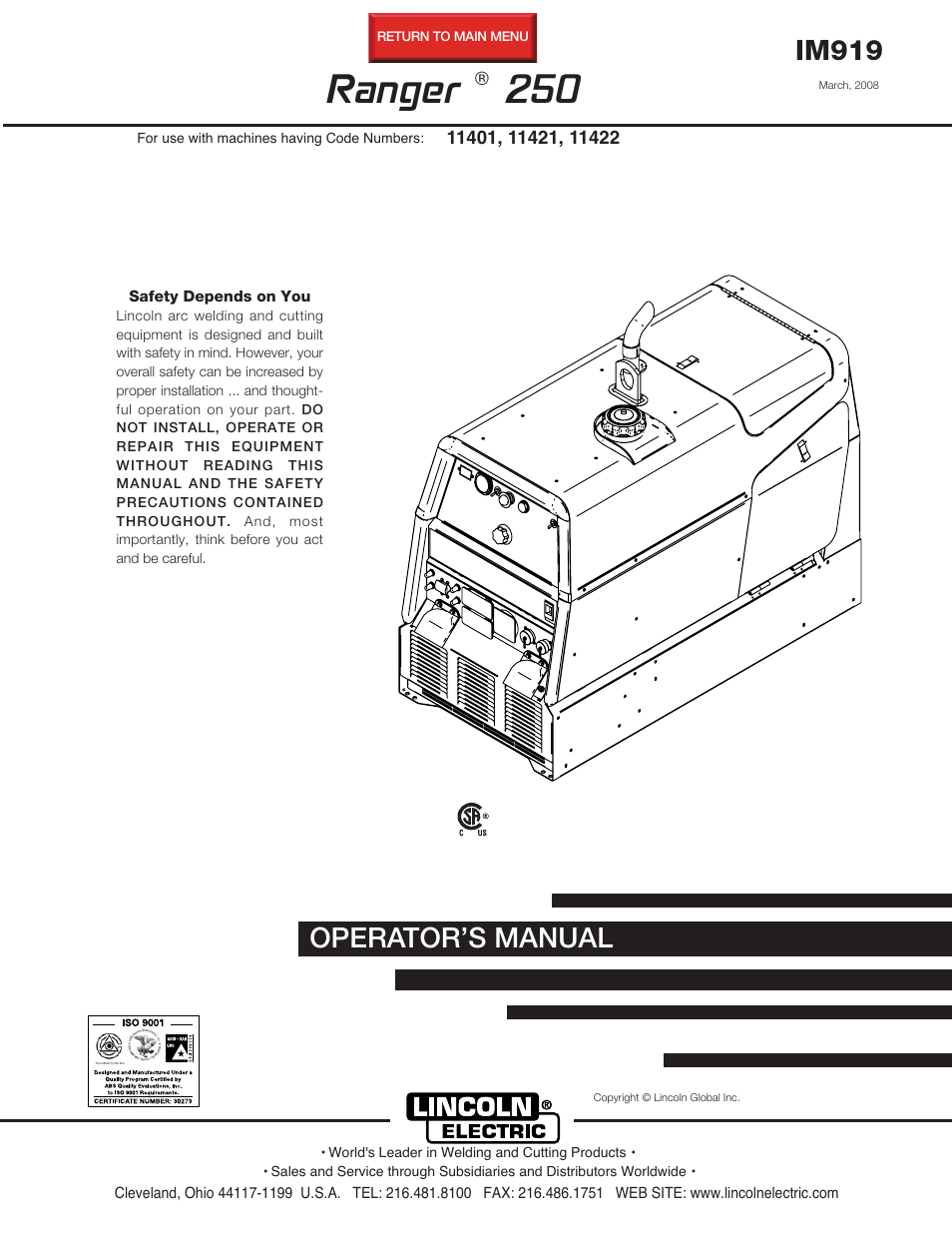 Lincoln Electric RANGER 250 IM919 User Manual | 49 pages
