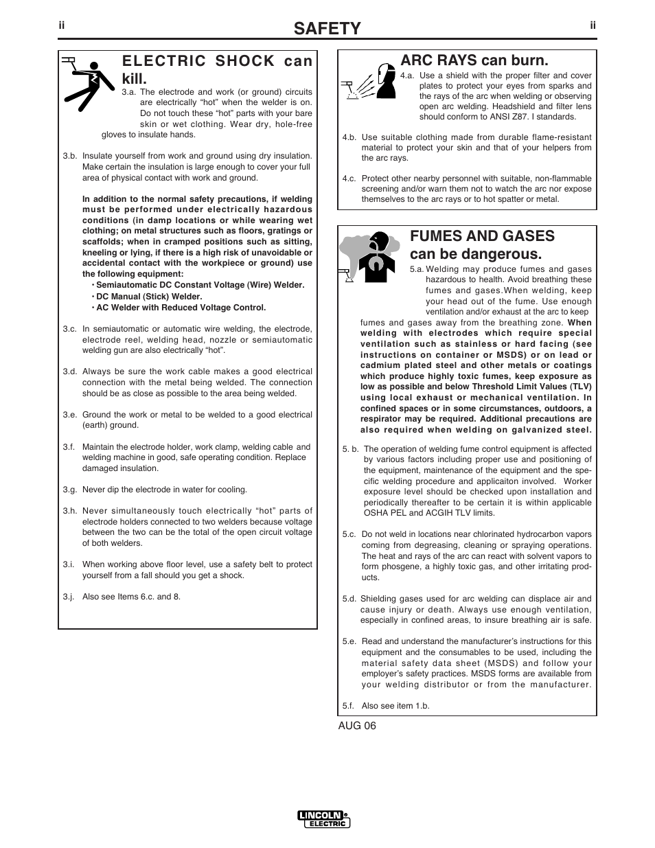 Safety, Arc rays can burn, Electric shock can kill | Fumes and gases can be dangerous | Lincoln Electric RANGER 250 IM919 User Manual | Page 3 / 49