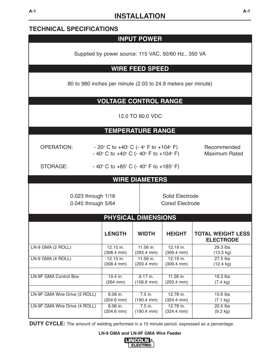Installation, Technical specifications input power, Wire feed speed | Voltage control range, Temperature range, Wire diameters, Physical dimensions | Lincoln Electric IM355-C LN-9 GMA User Manual | Page 10 / 70