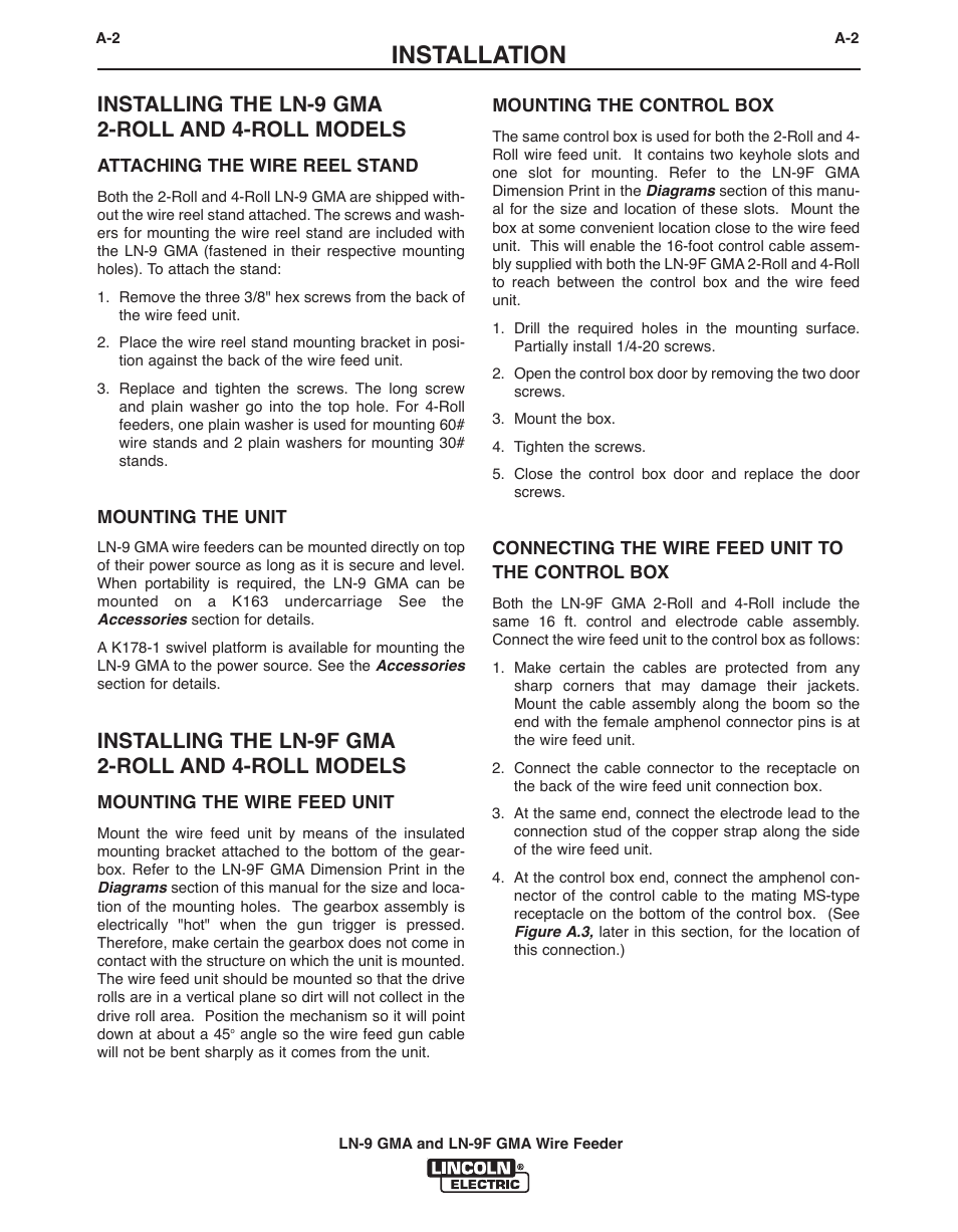 Installation, Installing the ln-9 gma 2-roll and 4-roll models, Installing the ln-9f gma 2-roll and 4-roll models | Lincoln Electric IM355-C LN-9 GMA User Manual | Page 11 / 70