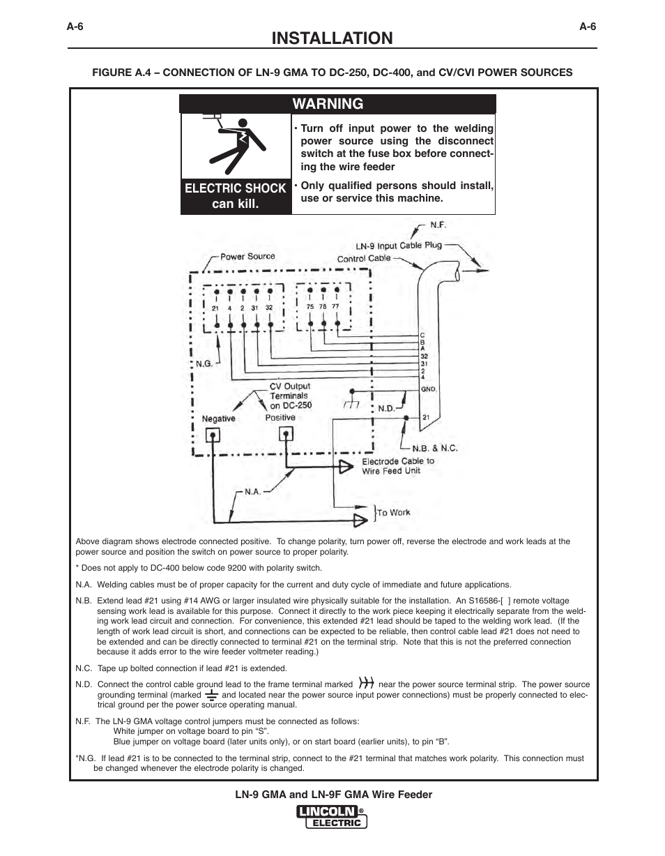 Installation, Warning, Electric shock can kill | Lincoln Electric IM355-C LN-9 GMA User Manual | Page 15 / 70
