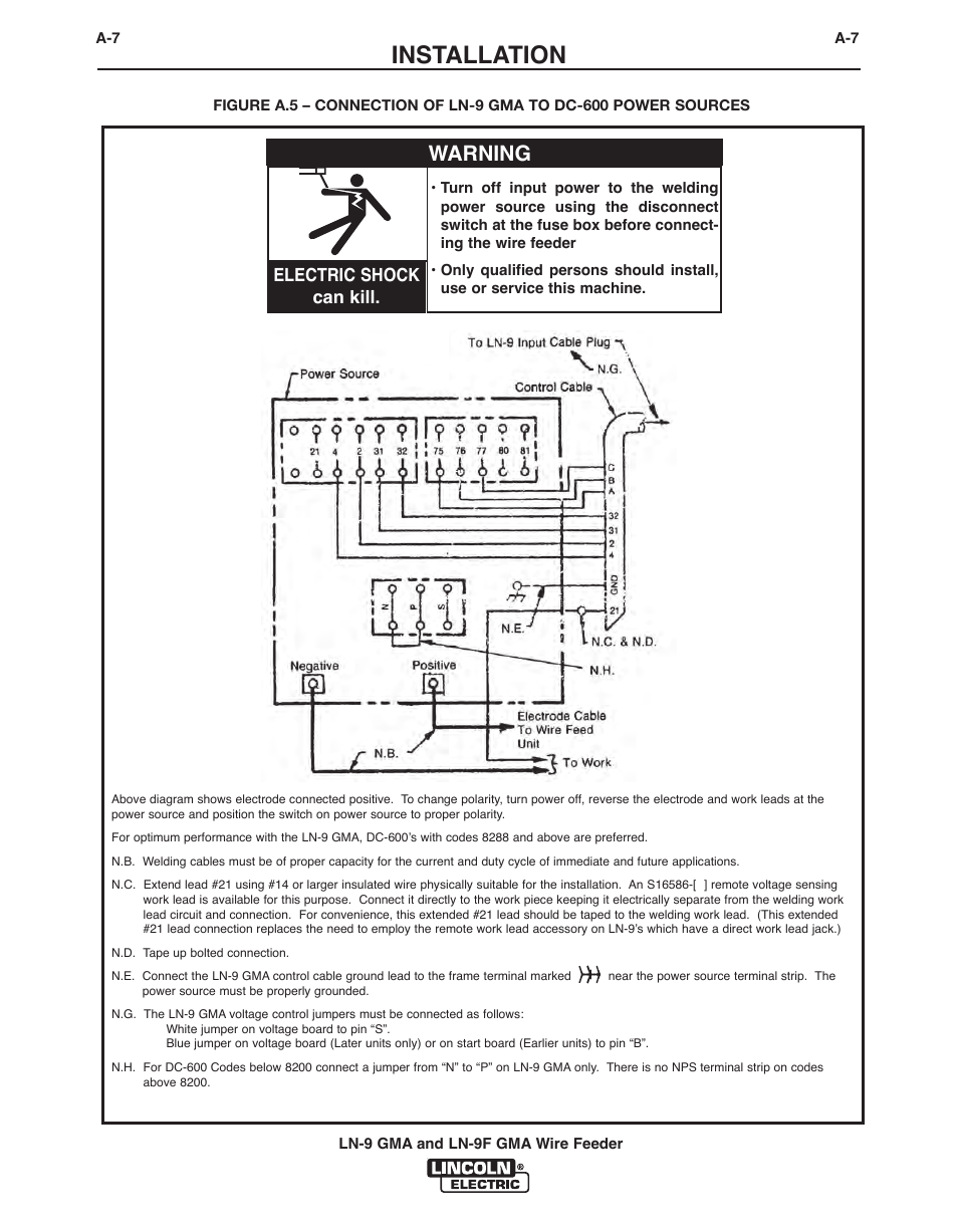 Installation, Warning, Electric shock can kill | Lincoln Electric IM355-C LN-9 GMA User Manual | Page 16 / 70