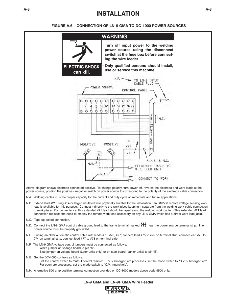 Installation, Warning, Electric shock can kill | Lincoln Electric IM355-C LN-9 GMA User Manual | Page 17 / 70