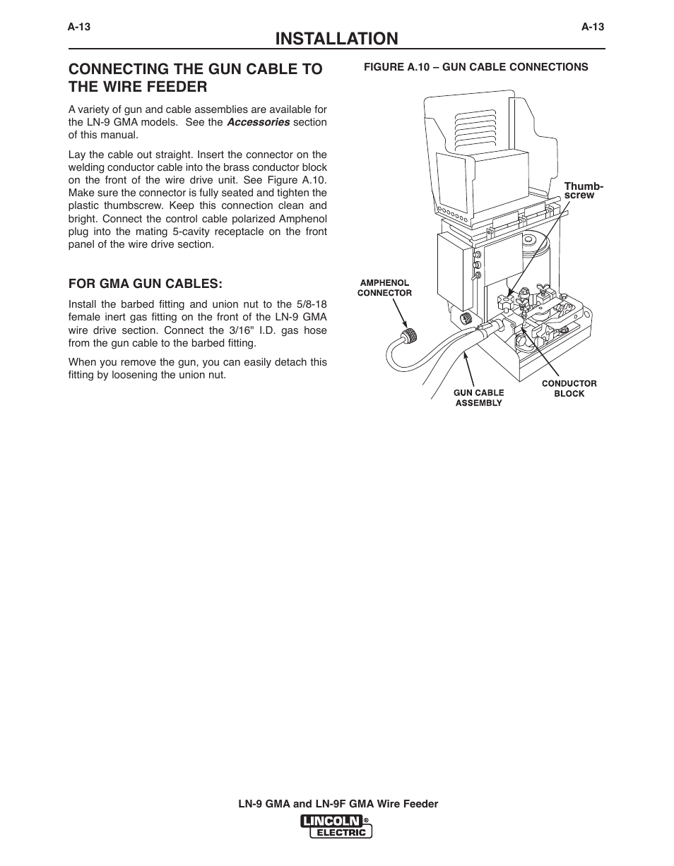 Installation, Connecting the gun cable to the wire feeder | Lincoln Electric IM355-C LN-9 GMA User Manual | Page 22 / 70