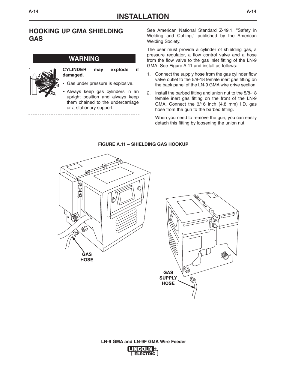 Installation, Hooking up gma shielding gas, Warning | Lincoln Electric IM355-C LN-9 GMA User Manual | Page 23 / 70
