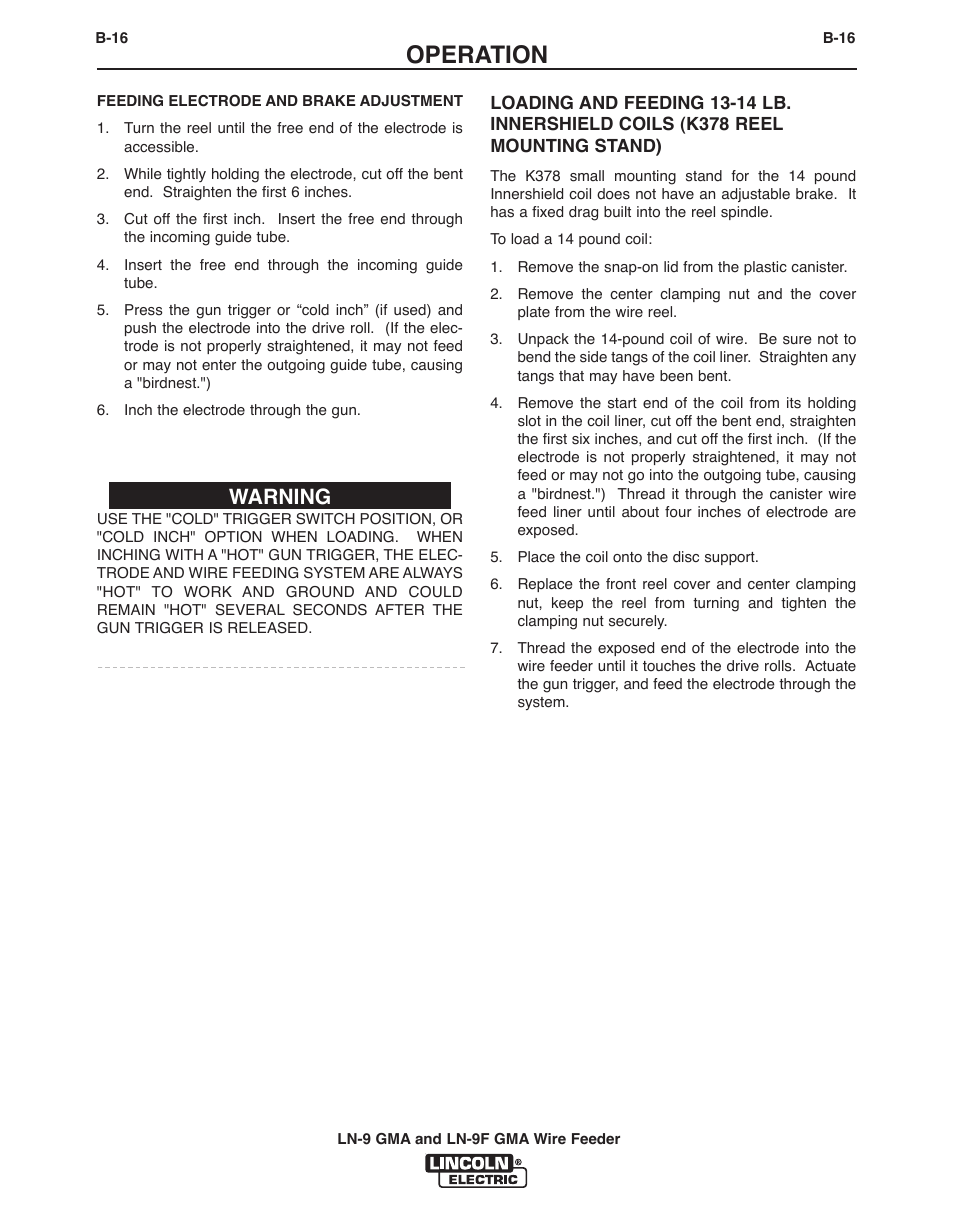 Operation, Warning | Lincoln Electric IM355-C LN-9 GMA User Manual | Page 39 / 70
