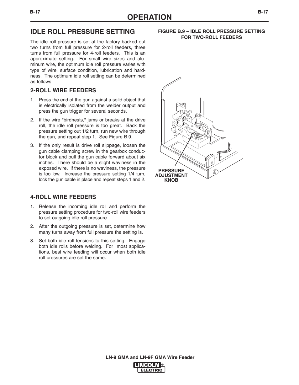Operation, Idle roll pressure setting | Lincoln Electric IM355-C LN-9 GMA User Manual | Page 40 / 70
