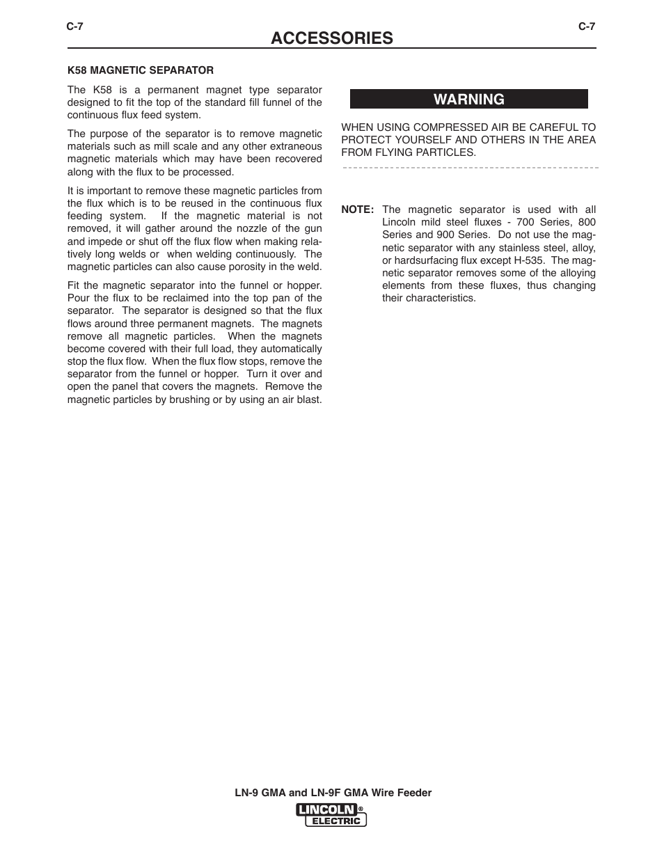 Accessories, Warning | Lincoln Electric IM355-C LN-9 GMA User Manual | Page 50 / 70