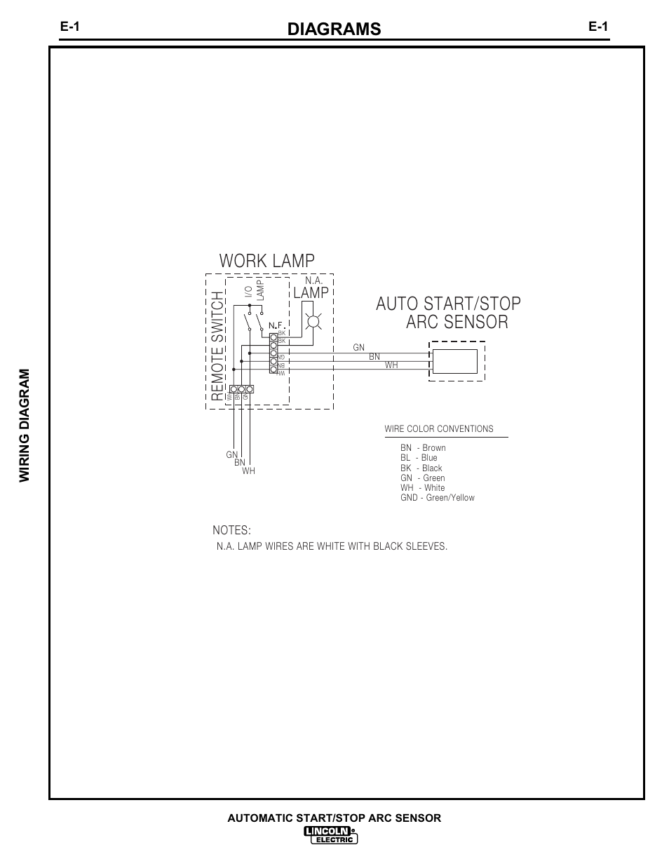 Diagrams, Wiring dia gram, Automatic start/stop arc sensor | Lincoln Electric IM628 User Manual | Page 14 / 17