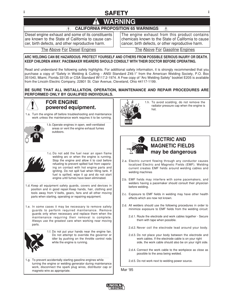 Warning, Safety, For engine powered equipment | Electric and magnetic fields may be dangerous | Lincoln Electric COOL ARC 35 IM959 User Manual | Page 2 / 22