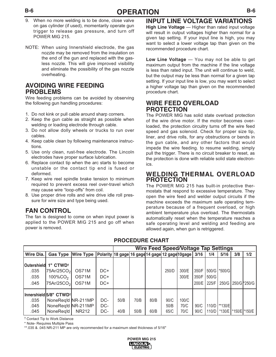 Operation, Avoiding wire feeding problems, Fan control | Input line voltage variations, Wire feed overload protection, Welding thermal overload protection | Lincoln Electric POWER MIG 215 User Manual | Page 18 / 35