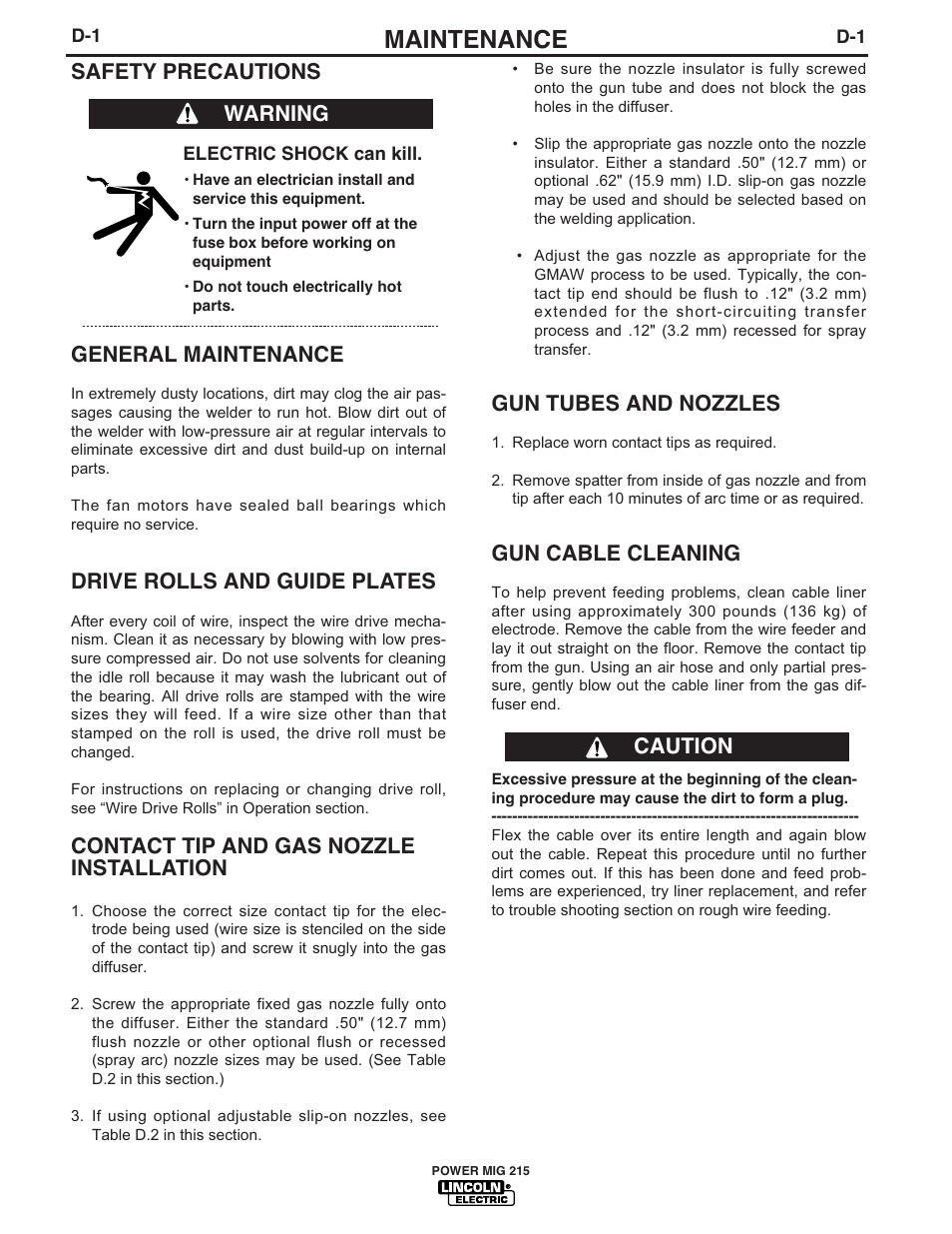 Maintenance, Gun tubes and nozzles, Gun cable cleaning | Safety precautions, General maintenance, Drive rolls and guide plates, Contact tip and gas nozzle installation, Warning, Caution | Lincoln Electric POWER MIG 215 User Manual | Page 21 / 35