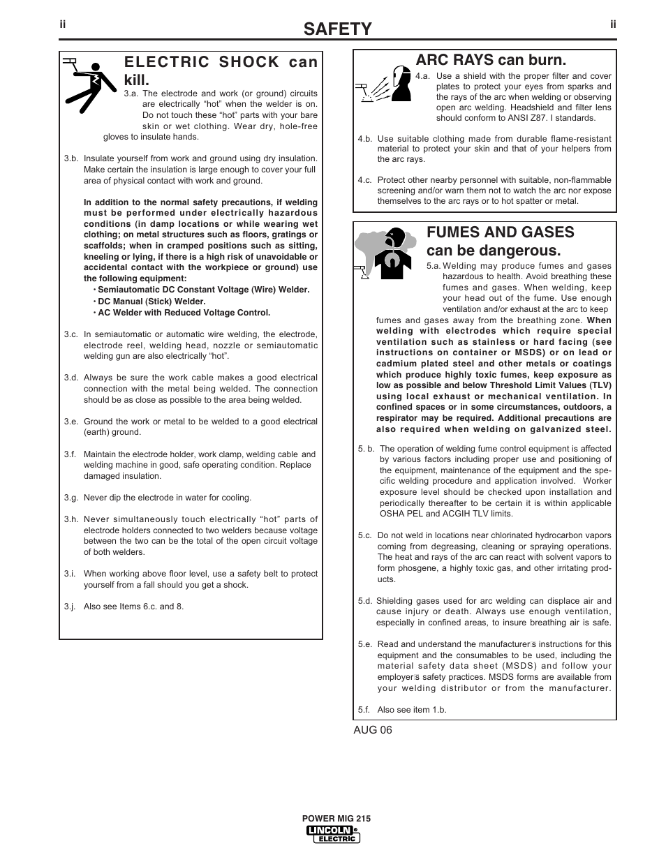 Safety, Arc rays can burn, Electric shock can kill | Fumes and gases can be dangerous | Lincoln Electric POWER MIG 215 User Manual | Page 3 / 35