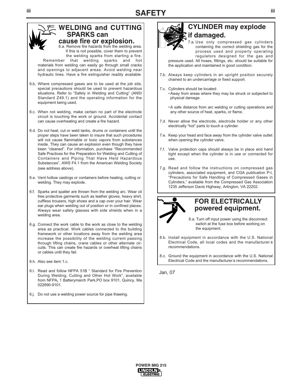 Safety, For electrically powered equipment, Cylinder may explode if damaged | Lincoln Electric POWER MIG 215 User Manual | Page 4 / 35