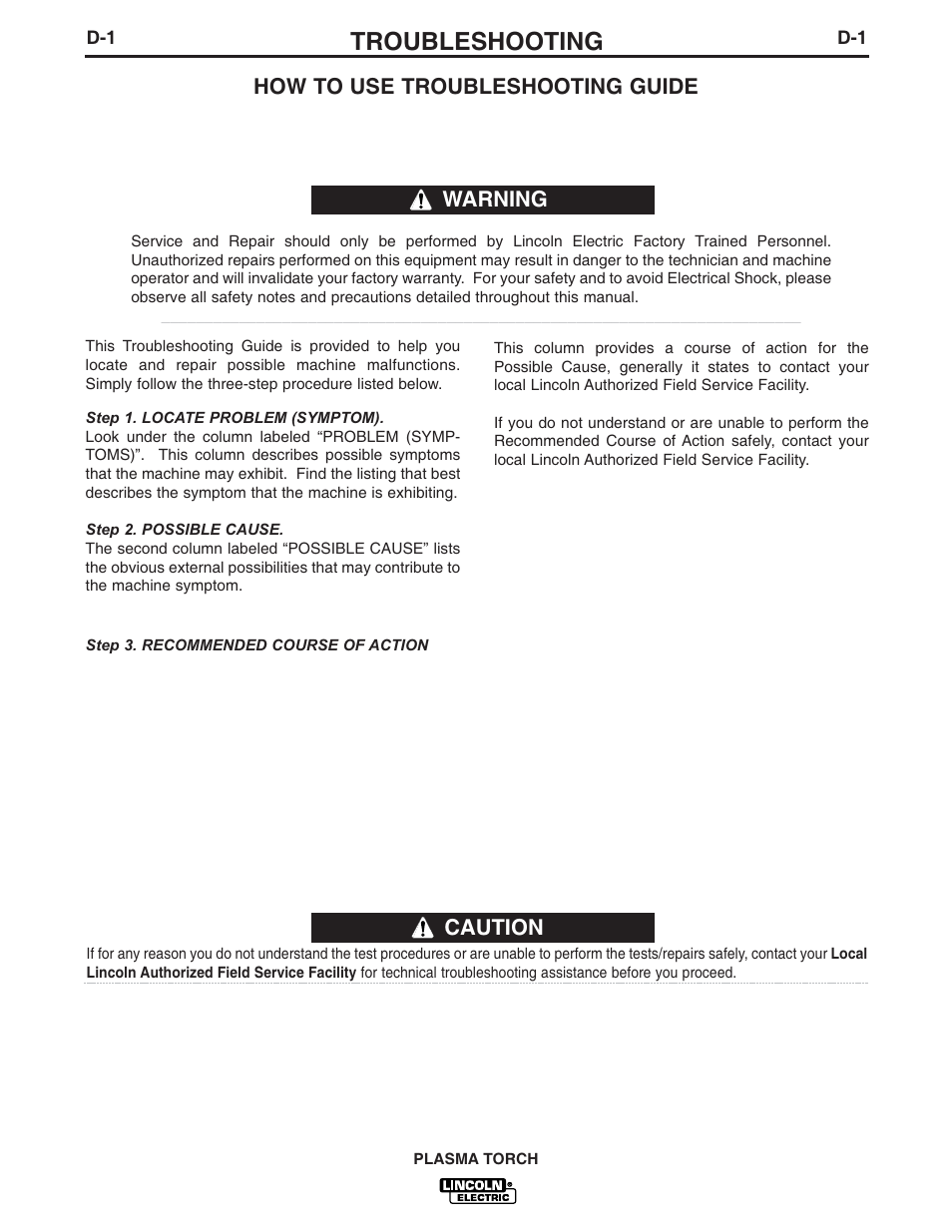 Troubleshooting, Caution, How to use troubleshooting guide | Warning | Lincoln Electric MAGNUM PCT125M User Manual | Page 16 / 25