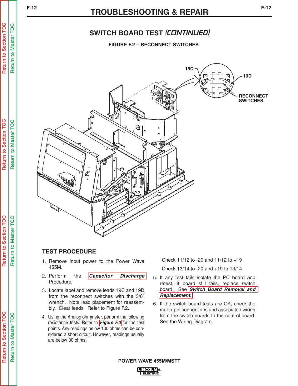 Troubleshooting & repair, Switch board test (continued) | Lincoln Electric POWER WAVE SVM173-A User Manual | Page 58 / 165