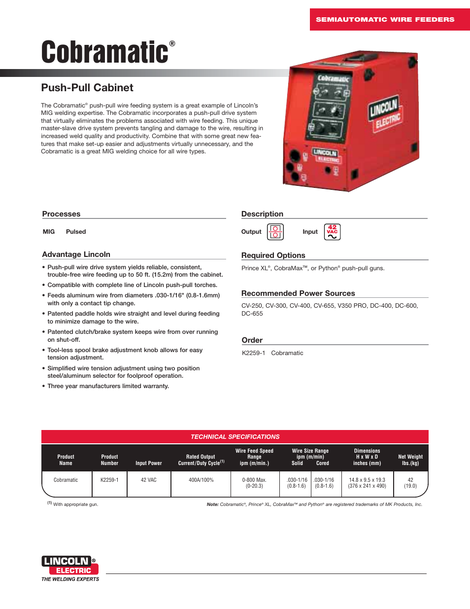 Lincoln Electric Cobramatic K2259-1 User Manual | 2 pages