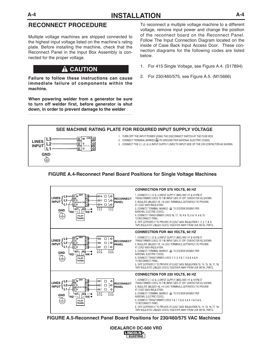 Installation, Reconnect procedure, Caution | Lincoln Electric IDEALARC IM10018-A User Manual | Page 12 / 55