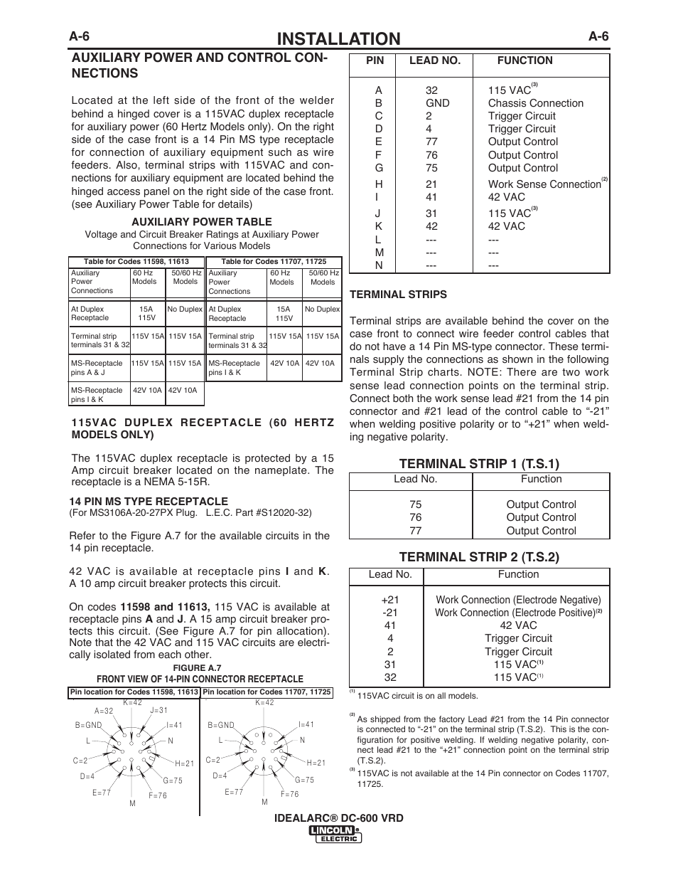 Installation, Terminal strip 1 (t.s.1) terminal strip 2 (t.s.2), A-6 auxiliary power and control con- nections | Lincoln Electric IDEALARC IM10018-A User Manual | Page 14 / 55