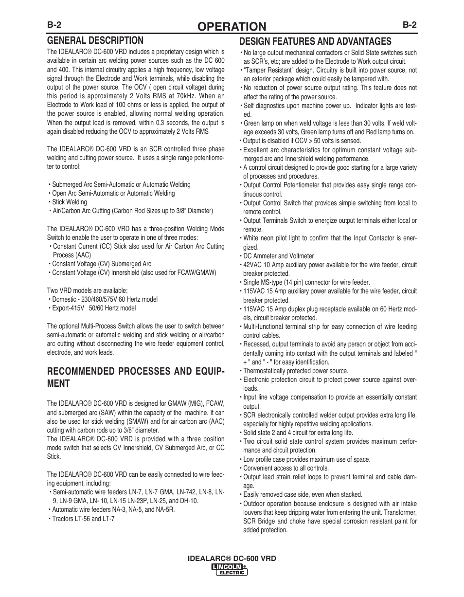 Operation, General description, Recommended processes and equip- ment | Design features and advantages | Lincoln Electric IDEALARC IM10018-A User Manual | Page 16 / 55