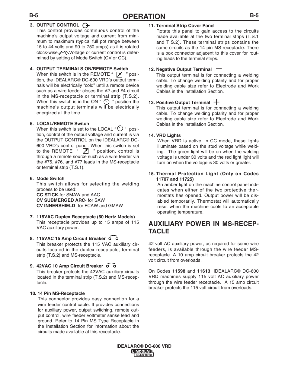 Operation, Auxiliary power in ms-recep- tacle | Lincoln Electric IDEALARC IM10018-A User Manual | Page 19 / 55