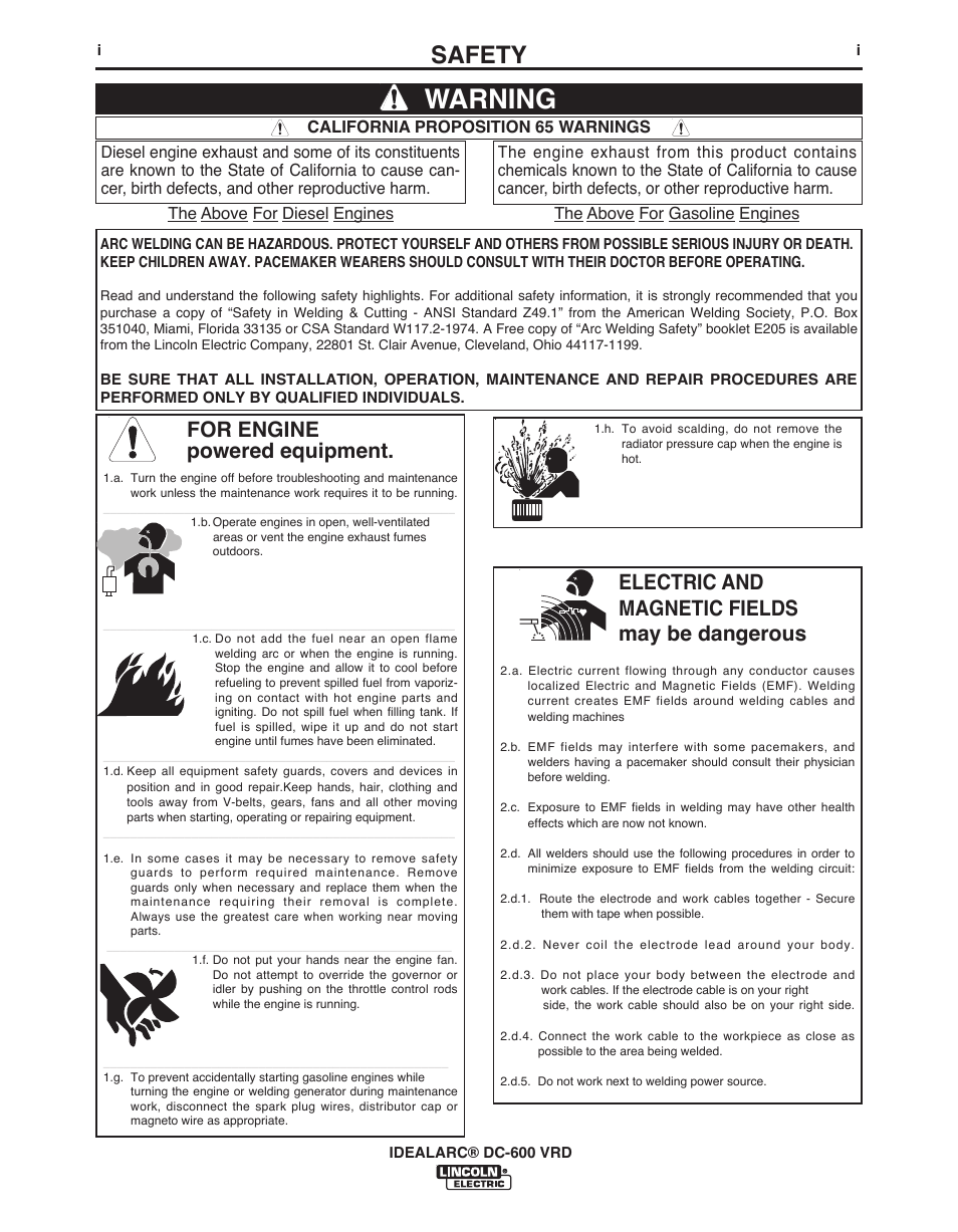 Warning, Safety, For engine powered equipment | Electric and magnetic fields may be dangerous | Lincoln Electric IDEALARC IM10018-A User Manual | Page 2 / 55