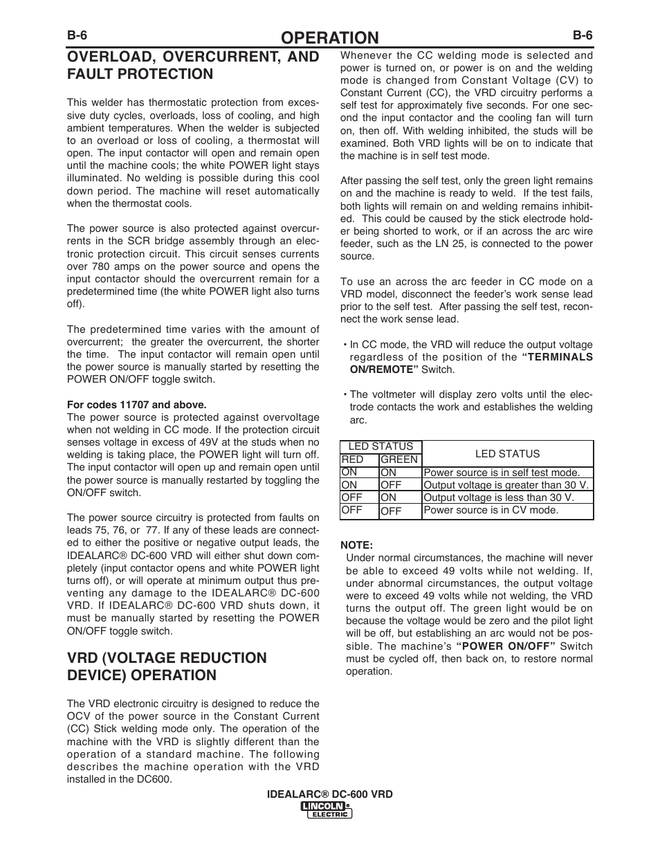 Operation, Overload, overcurrent, and fault protection, Vrd (voltage reduction device) operation | Lincoln Electric IDEALARC IM10018-A User Manual | Page 20 / 55