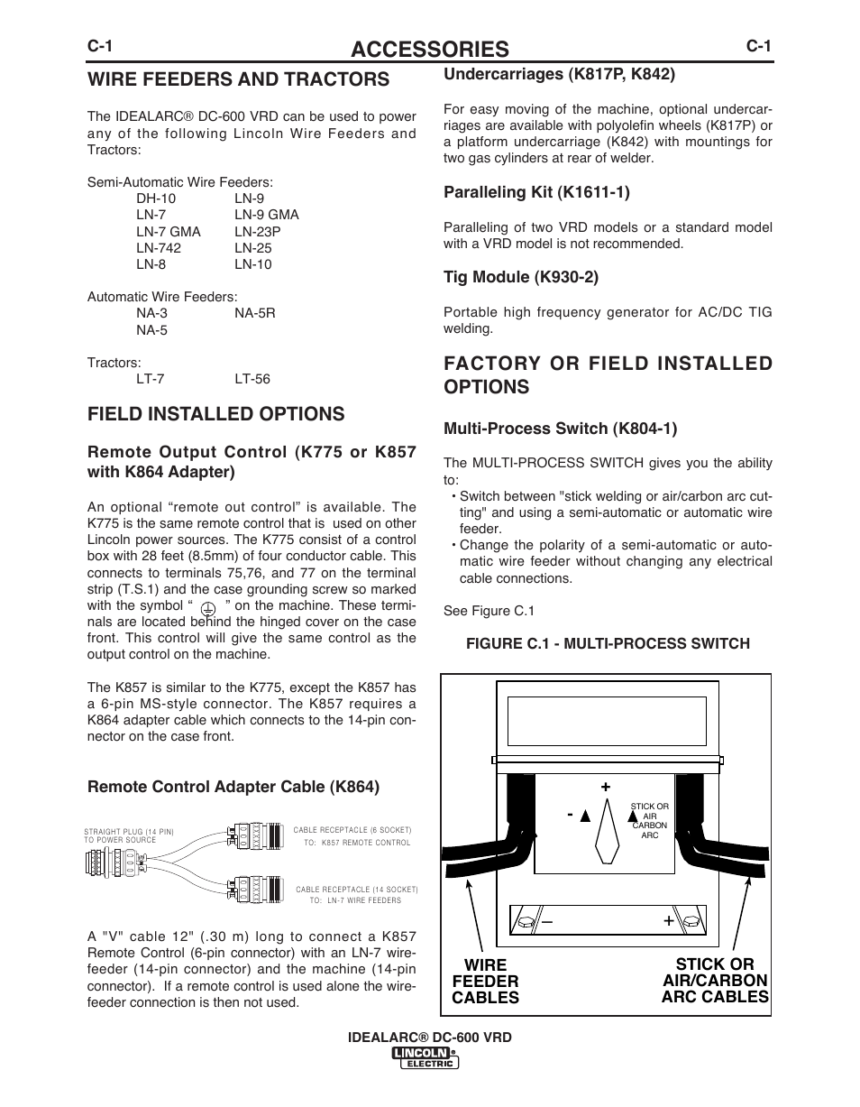 Accessories, Wire feeders and tractors, Field installed options | Factory or field installed options | Lincoln Electric IDEALARC IM10018-A User Manual | Page 24 / 55