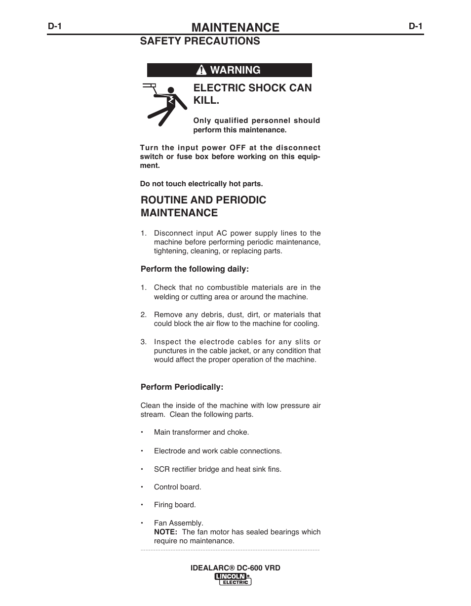 Maintenance, Routine and periodic maintenance, Safety precautions electric shock can kill | Warning | Lincoln Electric IDEALARC IM10018-A User Manual | Page 27 / 55