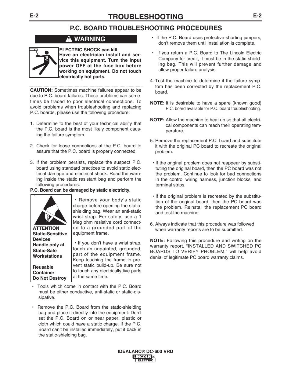 Troubleshooting, P.c. board troubleshooting procedures, Warning | Lincoln Electric IDEALARC IM10018-A User Manual | Page 29 / 55