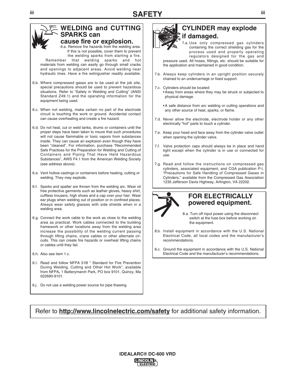 Safety, For electrically powered equipment, Cylinder may explode if damaged | Lincoln Electric IDEALARC IM10018-A User Manual | Page 4 / 55