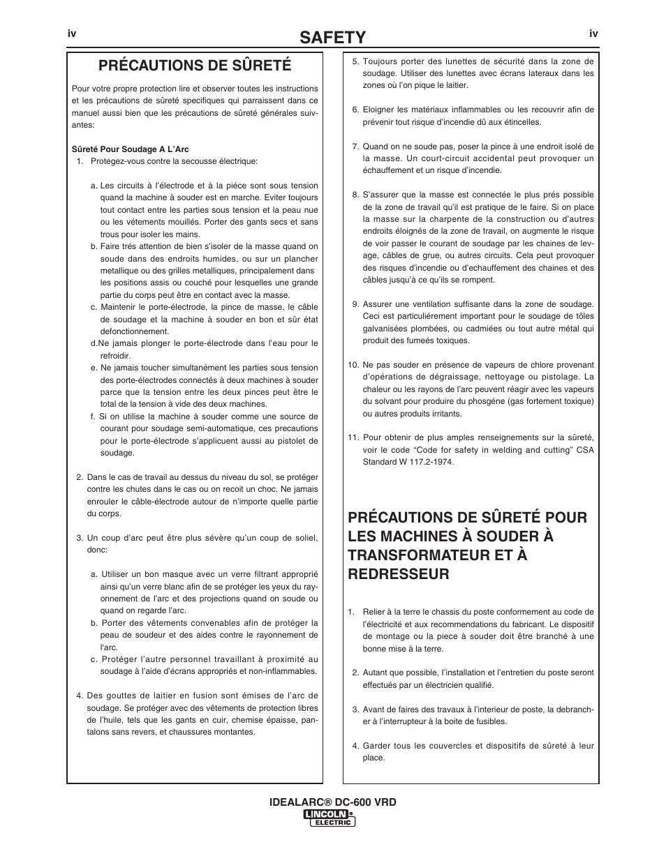 Safety, Précautions de sûreté | Lincoln Electric IDEALARC IM10018-A User Manual | Page 5 / 55