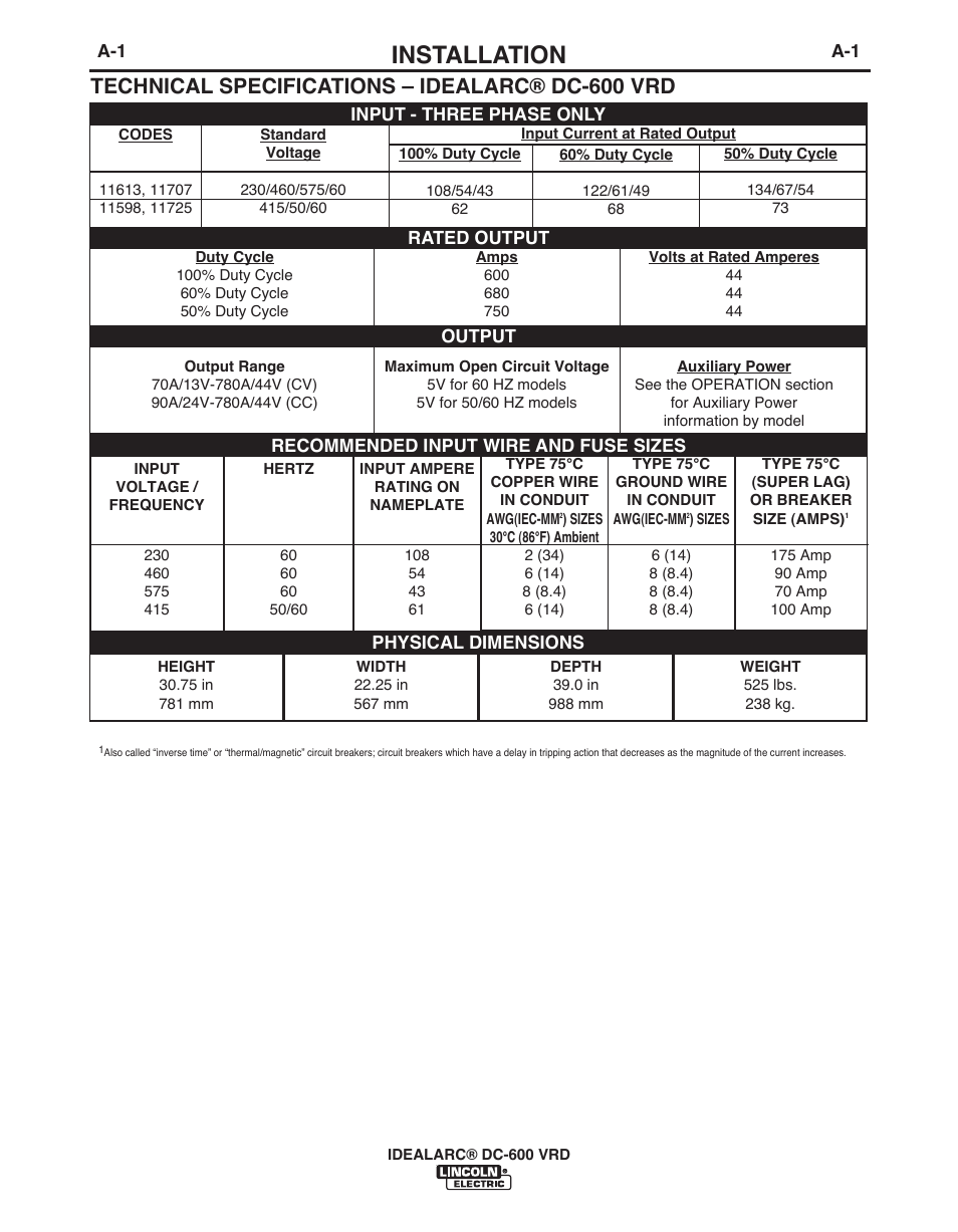 Installation, Technical specifications – idealarc® dc-600 vrd | Lincoln Electric IDEALARC IM10018-A User Manual | Page 9 / 55